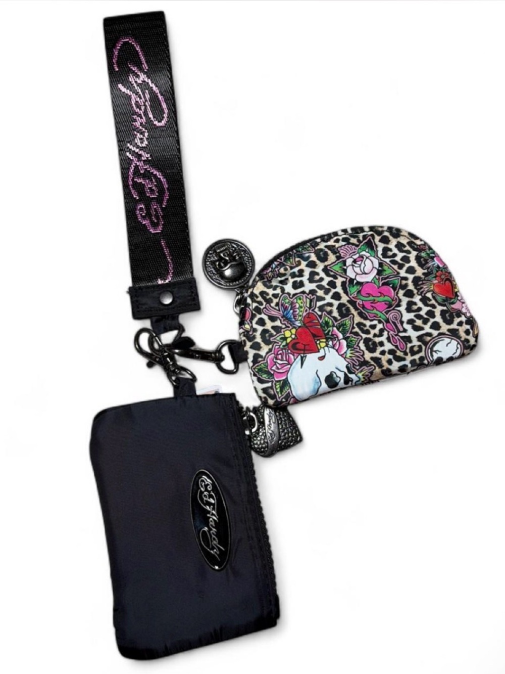 Ed Hardy Black and Pink Wristlet Set with Leopard Skull Coin Purse
